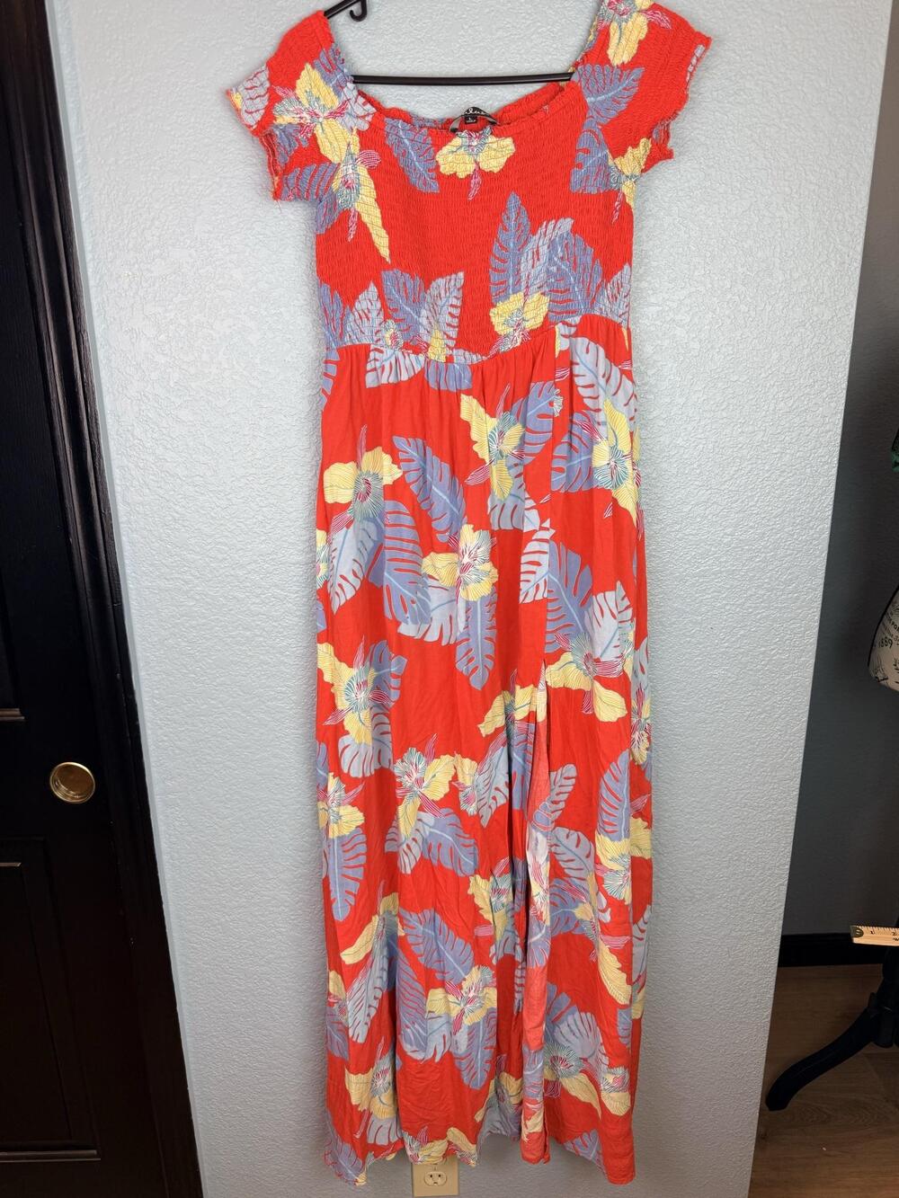 Lulus Dress Womens Large Orange Tropical Floral Smocked Maxi Sundress Pockets